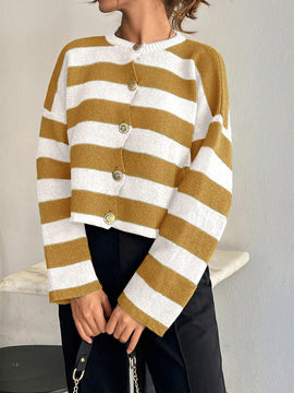 Cardigan de mujer con cuello redondo y botones delanteros, con estampado de rayas