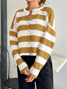 Cardigan de mujer con cuello redondo y botones delanteros, con estampado de rayas