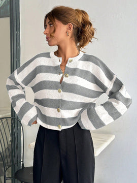Cardigan de mujer con cuello redondo y botones delanteros, con estampado de rayas