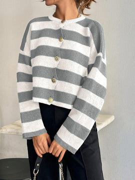 Cardigan de mujer con cuello redondo y botones delanteros, con estampado de rayas