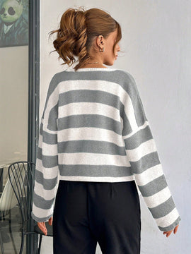 Cardigan de mujer con cuello redondo y botones delanteros, con estampado de rayas