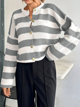 Cardigan de mujer con cuello redondo y botones delanteros, con estampado de rayas