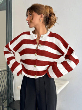 Cardigan de mujer con cuello redondo y botones delanteros, con estampado de rayas