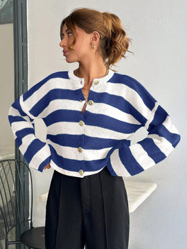 Cardigan de mujer con cuello redondo y botones delanteros, con estampado de rayas