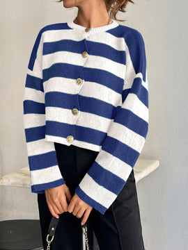 Cardigan de mujer con cuello redondo y botones delanteros, con estampado de rayas