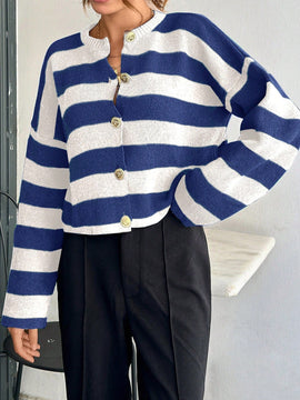 Cardigan de mujer con cuello redondo y botones delanteros, con estampado de rayas