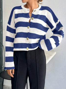 Cardigan de mujer con cuello redondo y botones delanteros, con estampado de rayas