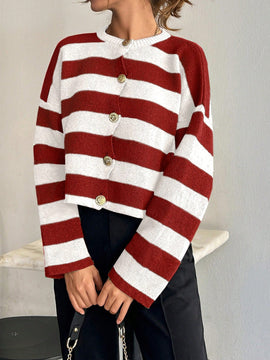 Cardigan de mujer con cuello redondo y botones delanteros, con estampado de rayas