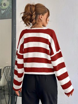 Cardigan de mujer con cuello redondo y botones delanteros, con estampado de rayas