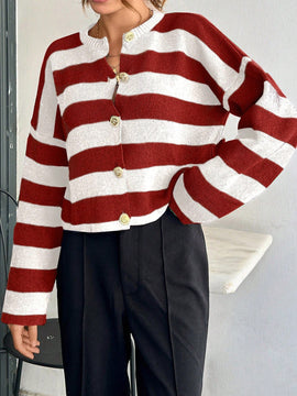 Cardigan de mujer con cuello redondo y botones delanteros, con estampado de rayas