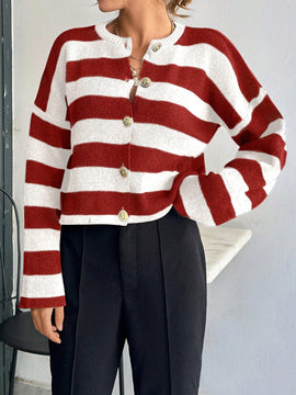 Cardigan de mujer con cuello redondo y botones delanteros, con estampado de rayas