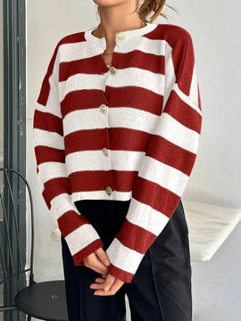 Cardigan de mujer con cuello redondo y botones delanteros, con estampado de rayas