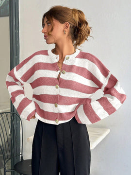 Cardigan de mujer con cuello redondo y botones delanteros, con estampado de rayas