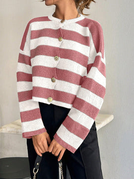 Cardigan de mujer con cuello redondo y botones delanteros, con estampado de rayas