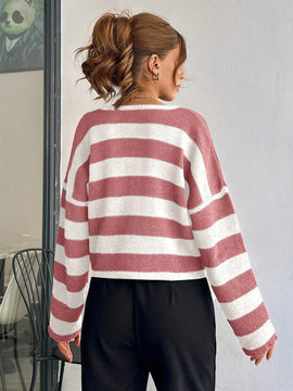 Cardigan de mujer con cuello redondo y botones delanteros, con estampado de rayas
