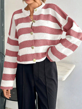 Cardigan de mujer con cuello redondo y botones delanteros, con estampado de rayas