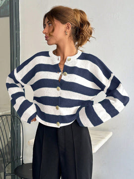Cardigan de mujer con cuello redondo y botones delanteros, con estampado de rayas