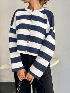 Cardigan de mujer con cuello redondo y botones delanteros, con estampado de rayas