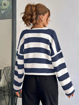 Cardigan de mujer con cuello redondo y botones delanteros, con estampado de rayas