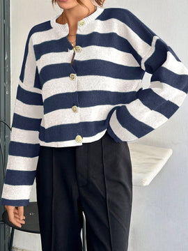 Cardigan de mujer con cuello redondo y botones delanteros, con estampado de rayas