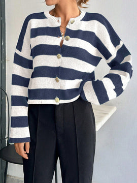 Cardigan de mujer con cuello redondo y botones delanteros, con estampado de rayas