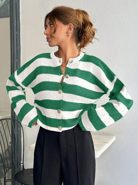 Cardigan de mujer con cuello redondo y botones delanteros, con estampado de rayas