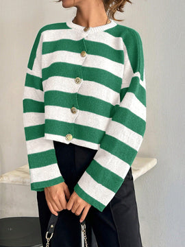 Cardigan de mujer con cuello redondo y botones delanteros, con estampado de rayas