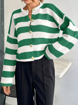 Cardigan de mujer con cuello redondo y botones delanteros, con estampado de rayas