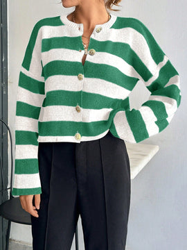 Cardigan de mujer con cuello redondo y botones delanteros, con estampado de rayas