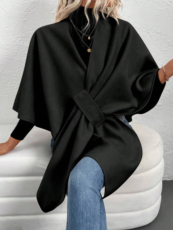 Clasi abrigo de lana de unicolor elegante con cierre envolvente para mujer, para otono/invierno