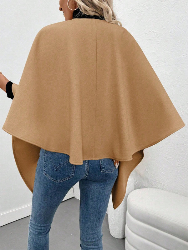 Clasi abrigo de lana de unicolor elegante con cierre envolvente para mujer, para otono/invierno