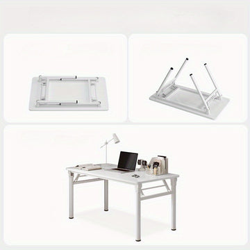 1pc Escritorio Plegable Blanco Moderno - Montaje Fácil, Diseño Compacto para Oficina en Casa, Dormitorios y Espacios Pequeños, Construcción de Madera Dura con Estructura Metálica, Incluye Silla, Estilo Contemporáneo, No Necesita Energía