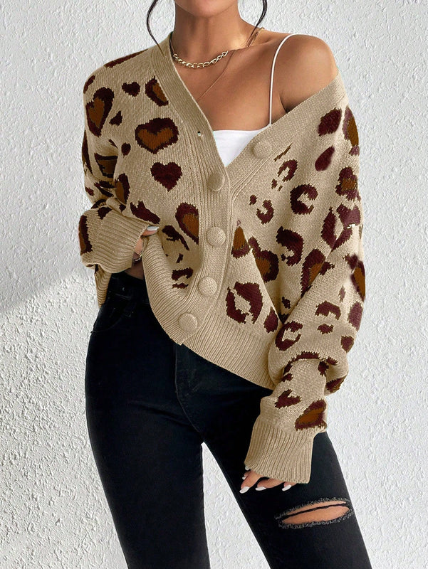 Essnce cardigan de manga larga con hombros caidos y estampado de leopardo para mujer, otono/invierno