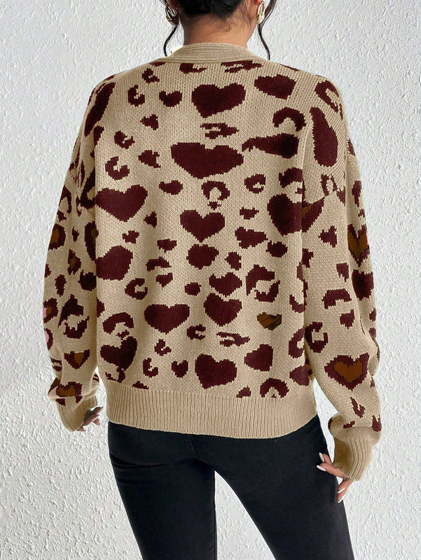 Essnce cardigan de manga larga con hombros caidos y estampado de leopardo para mujer, otono/invierno