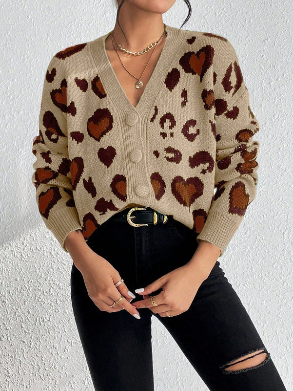 Essnce cardigan de manga larga con hombros caidos y estampado de leopardo para mujer, otono/invierno