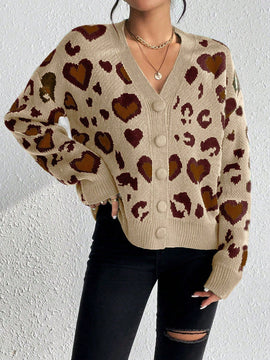 Essnce cardigan de manga larga con hombros caidos y estampado de leopardo para mujer, otono/invierno