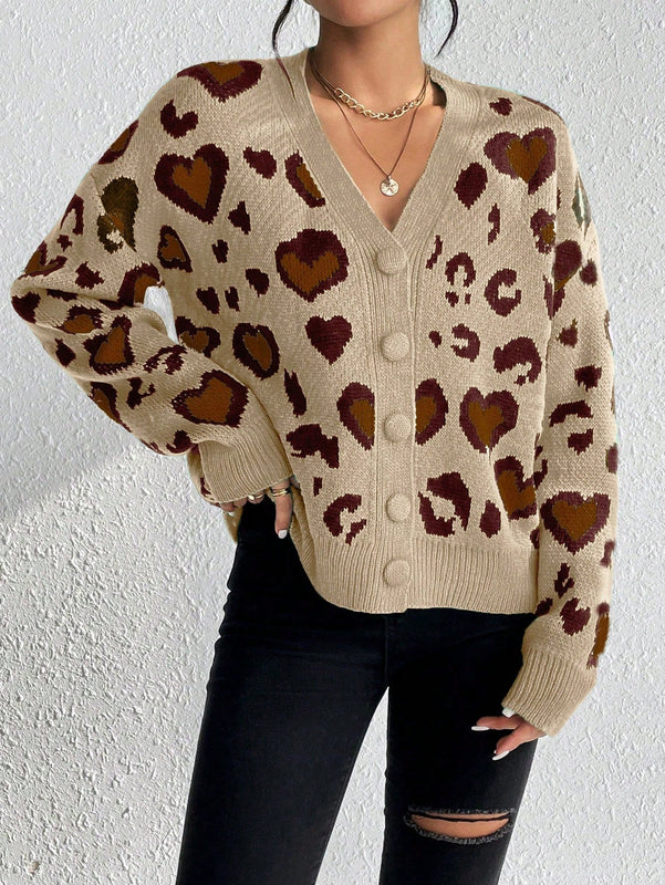 Essnce cardigan de manga larga con hombros caidos y estampado de leopardo para mujer, otono/invierno
