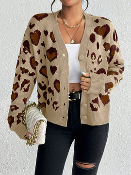 Essnce cardigan de manga larga con hombros caidos y estampado de leopardo para mujer, otono/invierno