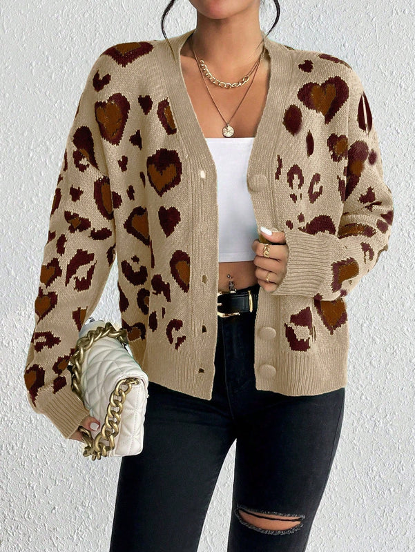 Essnce cardigan de manga larga con hombros caidos y estampado de leopardo para mujer, otono/invierno