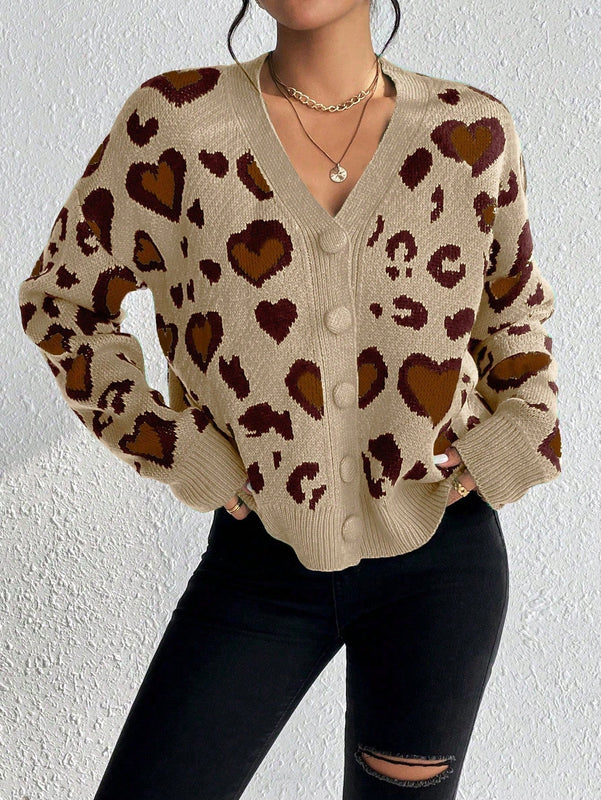 Essnce cardigan de manga larga con hombros caidos y estampado de leopardo para mujer, otono/invierno