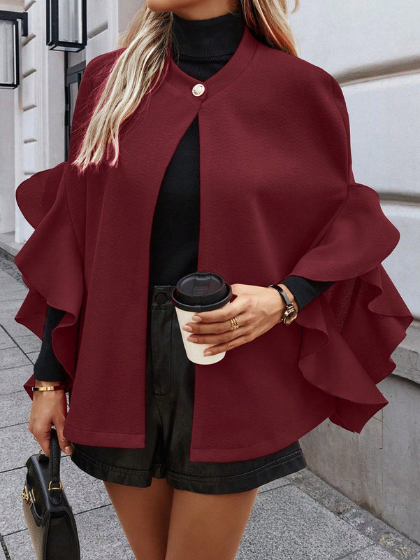 Clasi 1 pieza abrigo elegante de lana con un solo abotonadura, bajo con volantes y unicolor para mujer, otono/invierno