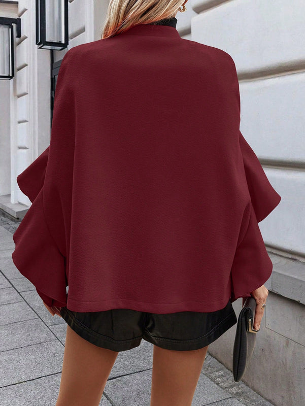 Clasi 1 pieza abrigo elegante de lana con un solo abotonadura, bajo con volantes y unicolor para mujer, otono/invierno