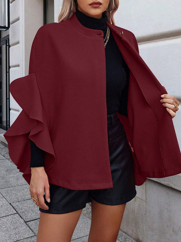 Clasi 1 pieza abrigo elegante de lana con un solo abotonadura, bajo con volantes y unicolor para mujer, otono/invierno