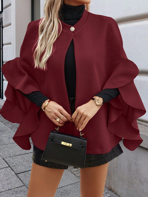Clasi 1 pieza abrigo elegante de lana con un solo abotonadura, bajo con volantes y unicolor para mujer, otono/invierno