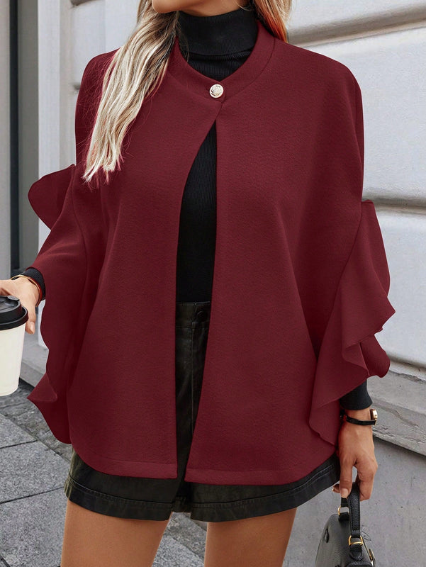 Clasi abrigo de lana elegante con cuello vuelto y abotonadura sencilla, en unicolor, para mujer, para otono/invierno