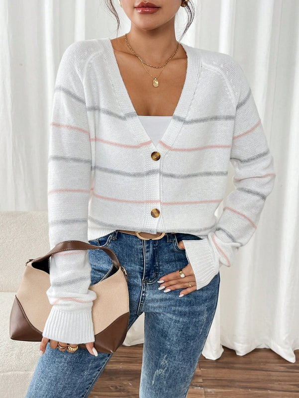 Frenchy cardigan con botones de corte casual y rayas para mujer, para otono/invierno