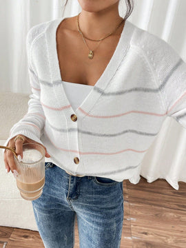 Frenchy cardigan con botones de corte casual y rayas para mujer, para otono/invierno