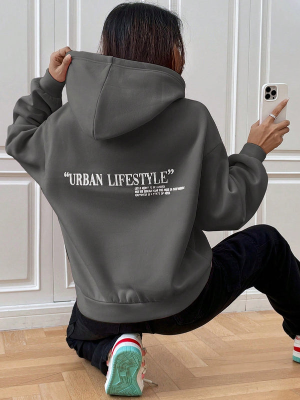 Ezwear sudadera con capucha de manga larga de unicolor con estampado de letra, uso casual diario