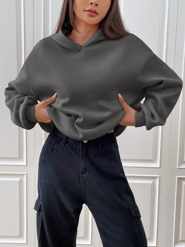 Ezwear sudadera con capucha de punto de manga larga con caida en los hombros y estampado de lema, otono/invierno para mujer