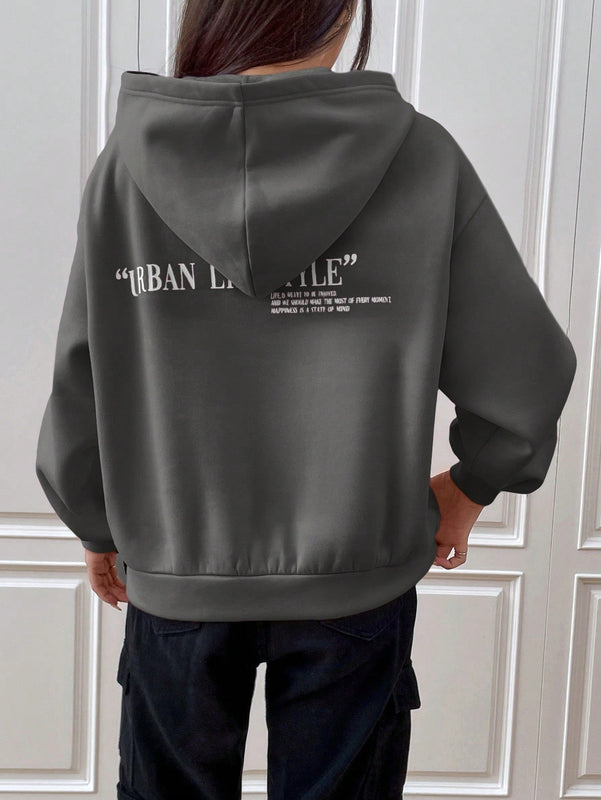 Ezwear sudadera con capucha de manga larga de unicolor con estampado de letra, uso casual diario